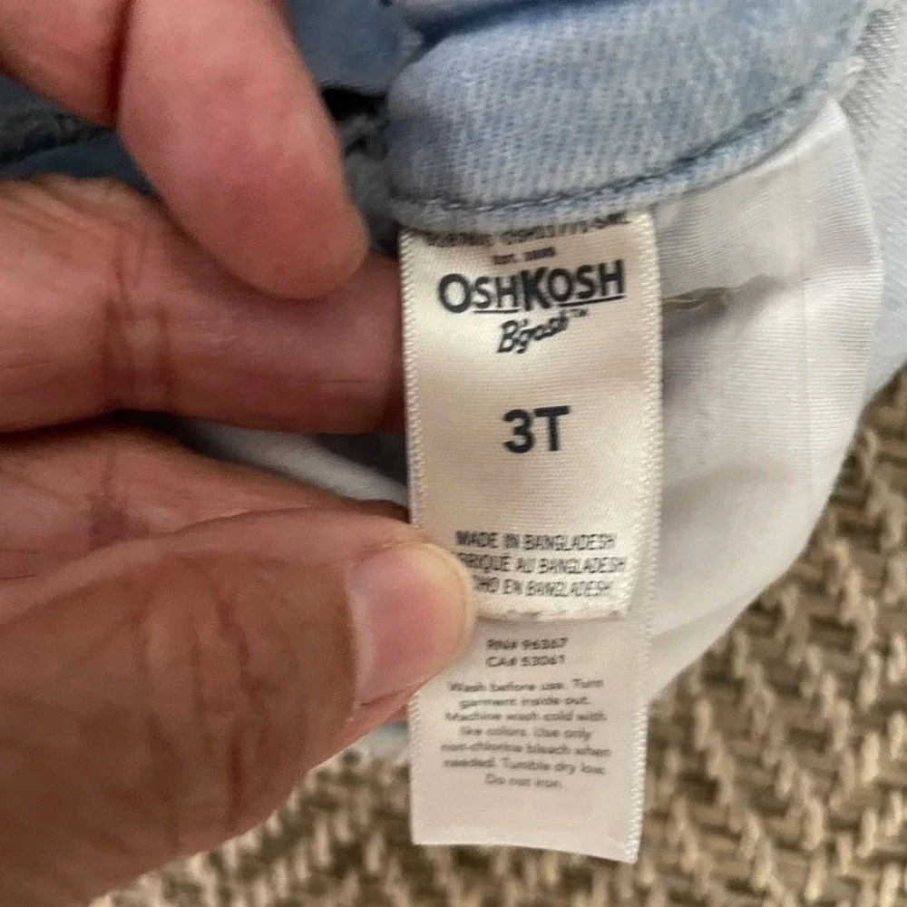 OshKosh B'gosh Denim Overall Jumper Dress Kids 3T Light Blue Heart Raw Hem